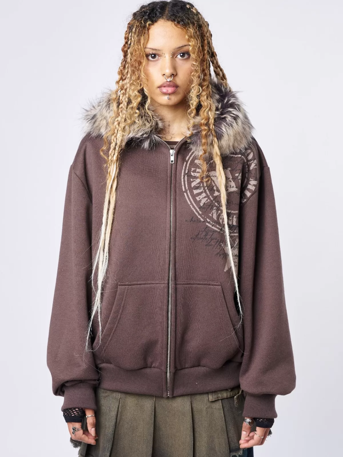 Fashion Minga London Kiara Faux Fur Neck Oversized Zip Up Hoodie Brown