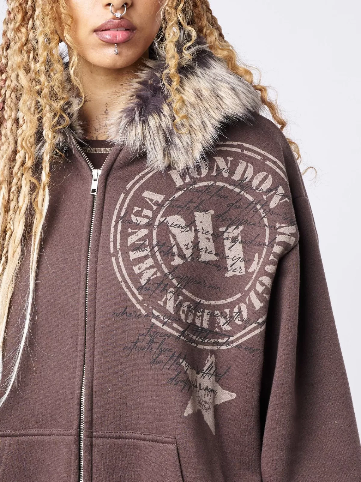 Fashion Minga London Kiara Faux Fur Neck Oversized Zip Up Hoodie Brown