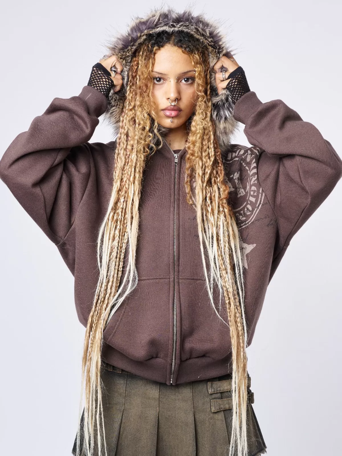 Fashion Minga London Kiara Faux Fur Neck Oversized Zip Up Hoodie Brown