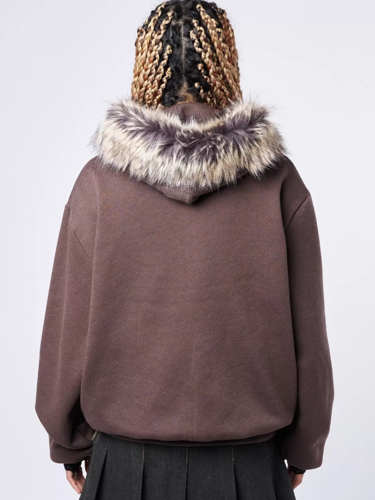 Fashion Minga London Kiara Faux Fur Neck Oversized Zip Up Hoodie Brown